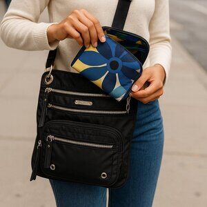 Franco Sarto Black Nylon Crossbody Bag w/ Removable Floral Wallet – Travel Purse